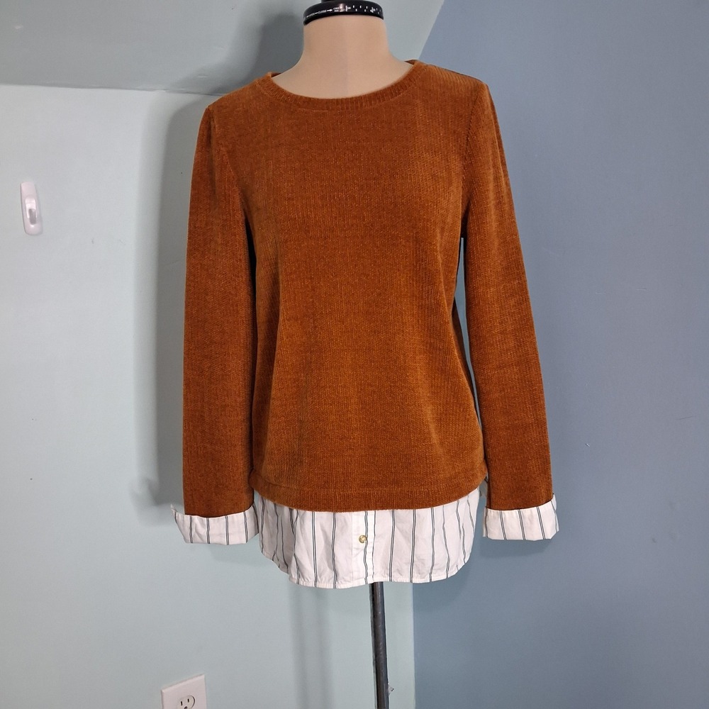 Rafaella Womens S Rust Orange Chenille Corduroy Mixed Media Preppy Layered Top